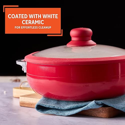 Miniatura 4 de IMUSA Caldero antiadherente de cerámica roja de 32 cuartos de galón horno holandés con borde de silicona y tapa de vidrio