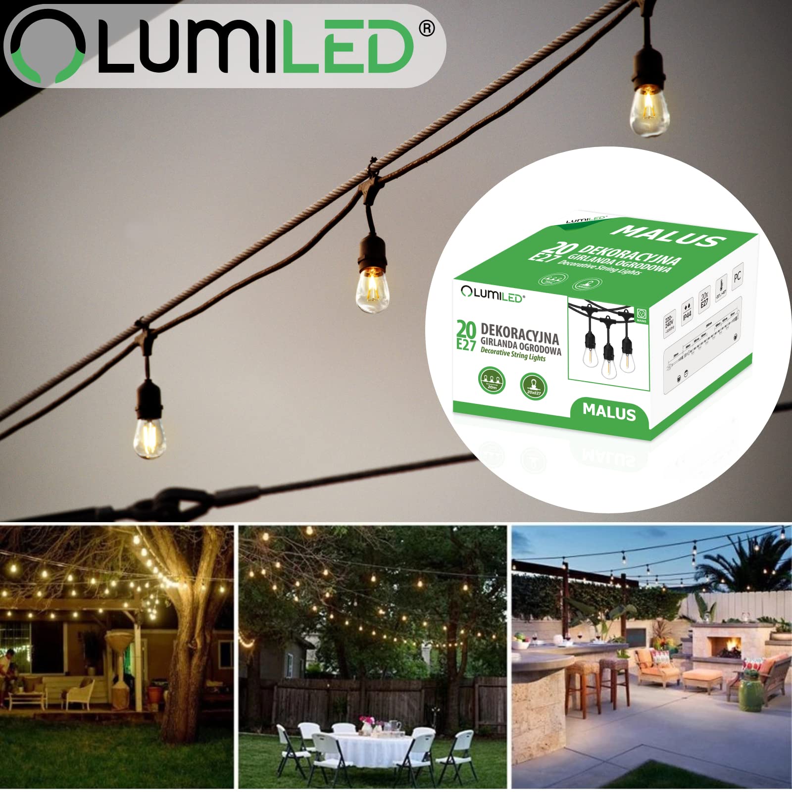 Lumiled Lichterkette Außen 20 Meter 20 Fassungen E27 230V für Garten Biergarten Party Hochzeit Dekoration Terrasse Weihnachten Girlanden verlängerbar Wetterfeste Terrassenbeleuchtung mit Strom