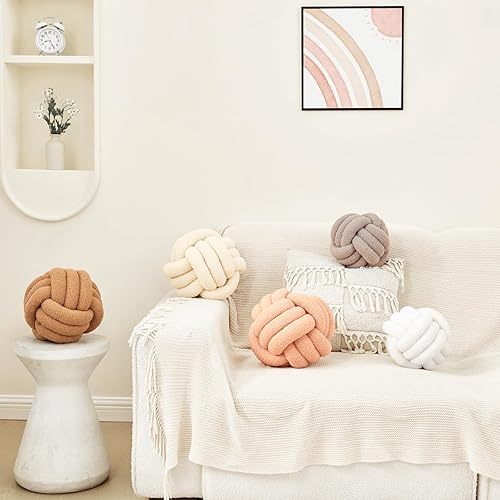 Miniatura 4 de Petrella Almohada redonda de nudo para decoración del hogar, cojín decorativo estético, lana de cordero, arroz, blanco, 8 pulgadas