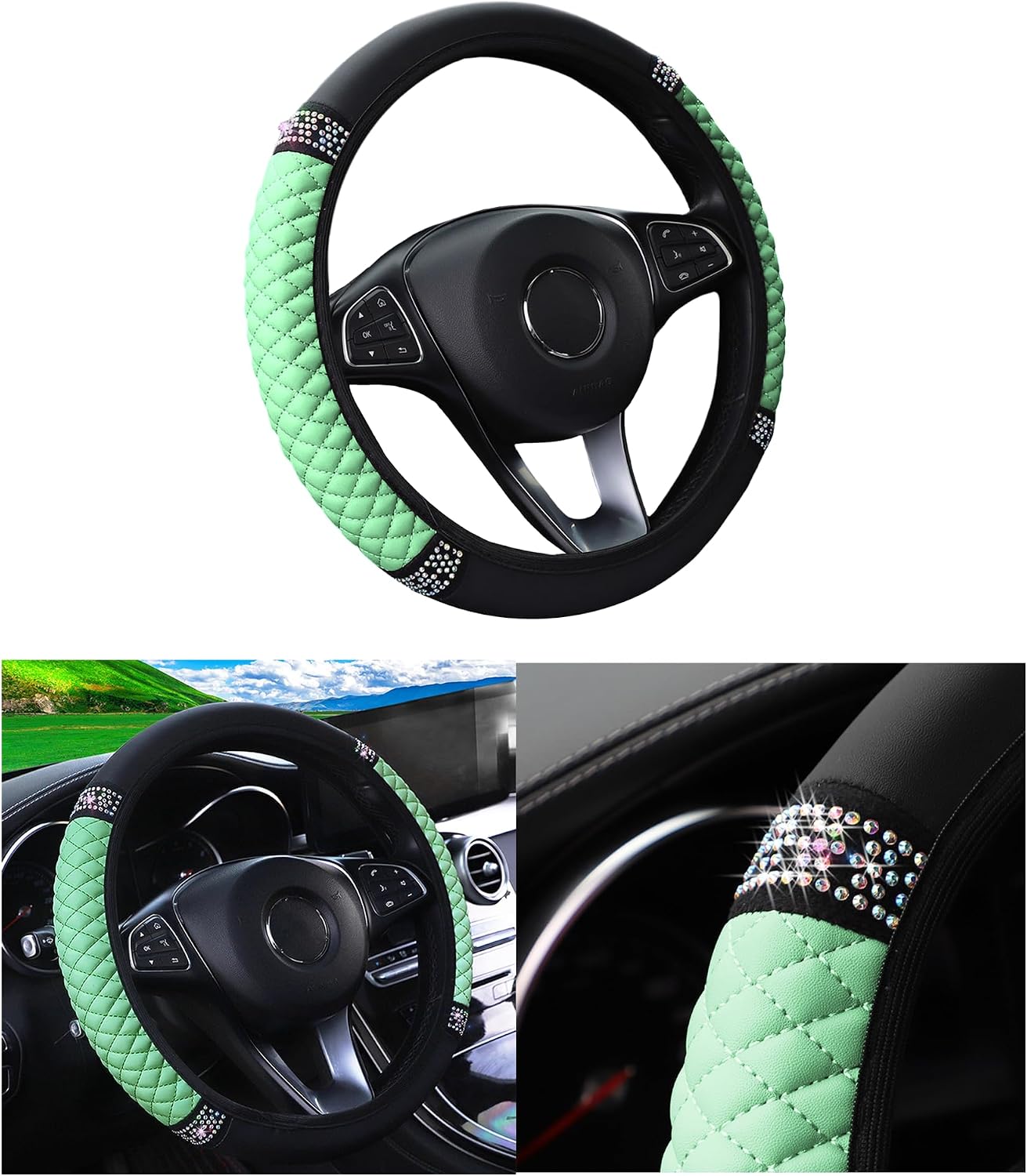 14.5-15 Inch Rhinestone Steering Wheel Cover, Style B, Green