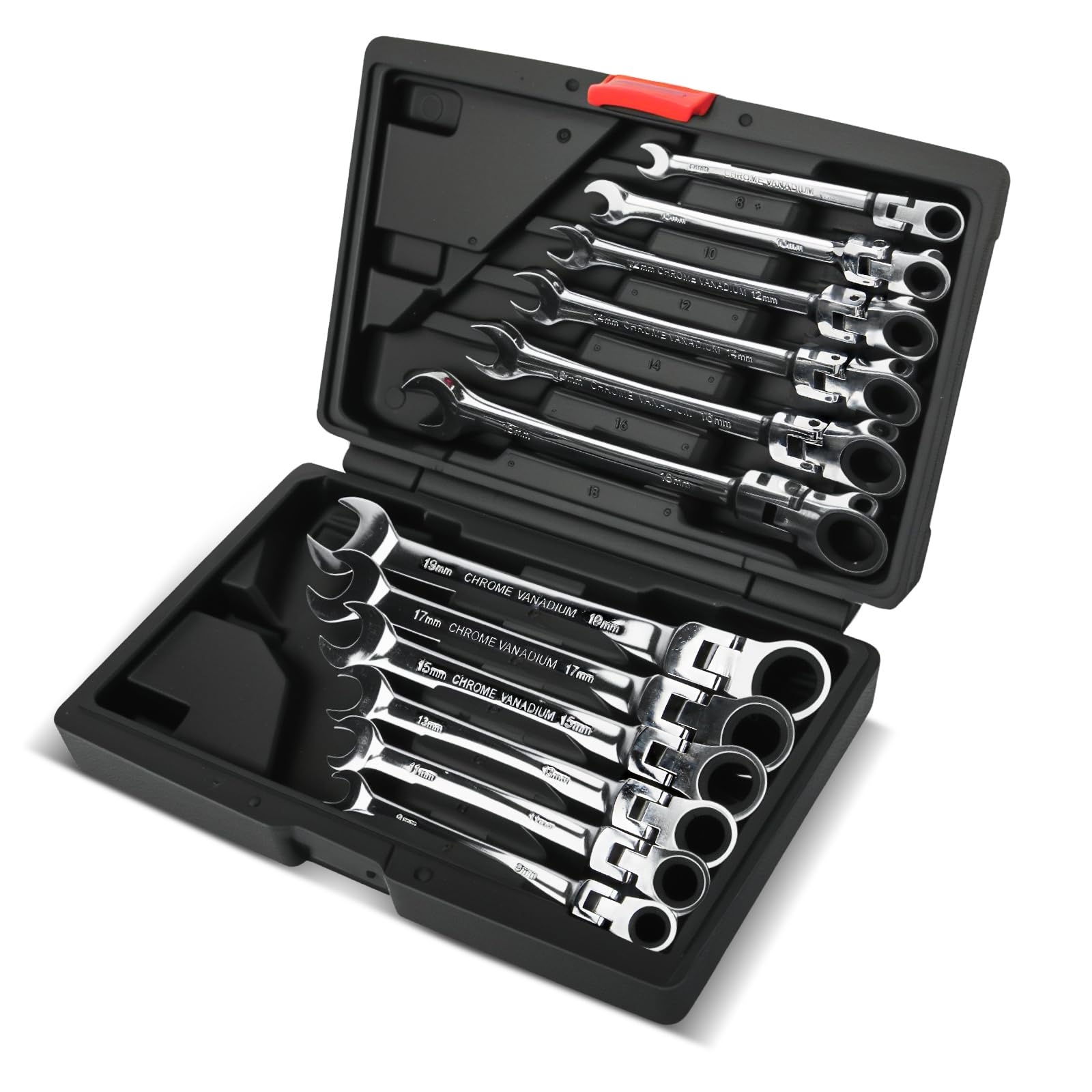 HUIYOPU 12-Piece Ratchet Spanner Set, 90° Folding, 72-Tooth Quick-Release Wrench Tool Kit, 8-19mm, Heavy-Duty Chrome Vanadium Steel Hand Tools for Automotive Repair & DIY, Adjustable