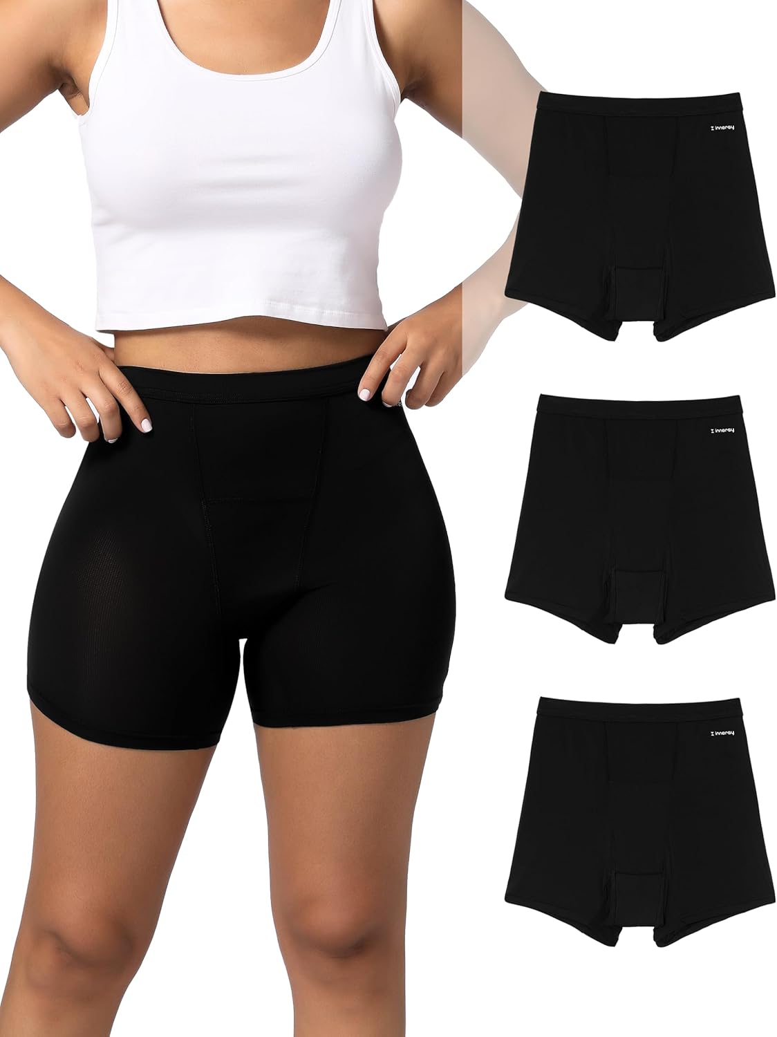INNERSY Women's High Waisted Period Underwear Boy Shorts Panties for Postpartum Menstrual 3-Pack