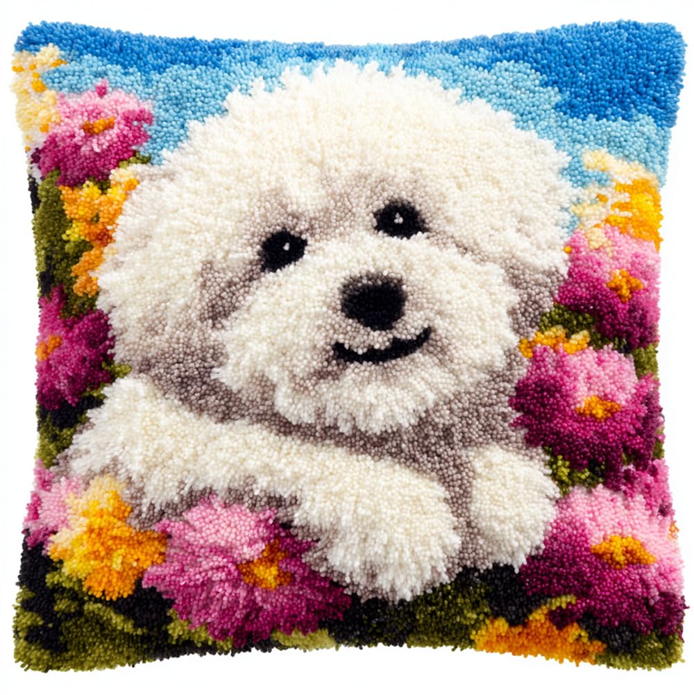 Taxpy DIY Latch Hook Kits,Bichon Frise and Flowers 3D Pillow Materials Package Latch Hook Embroidery Kits Cross Stitch Sofa Cushion Cover with Tool Fit for Beginner and Adults,17X17 Inch