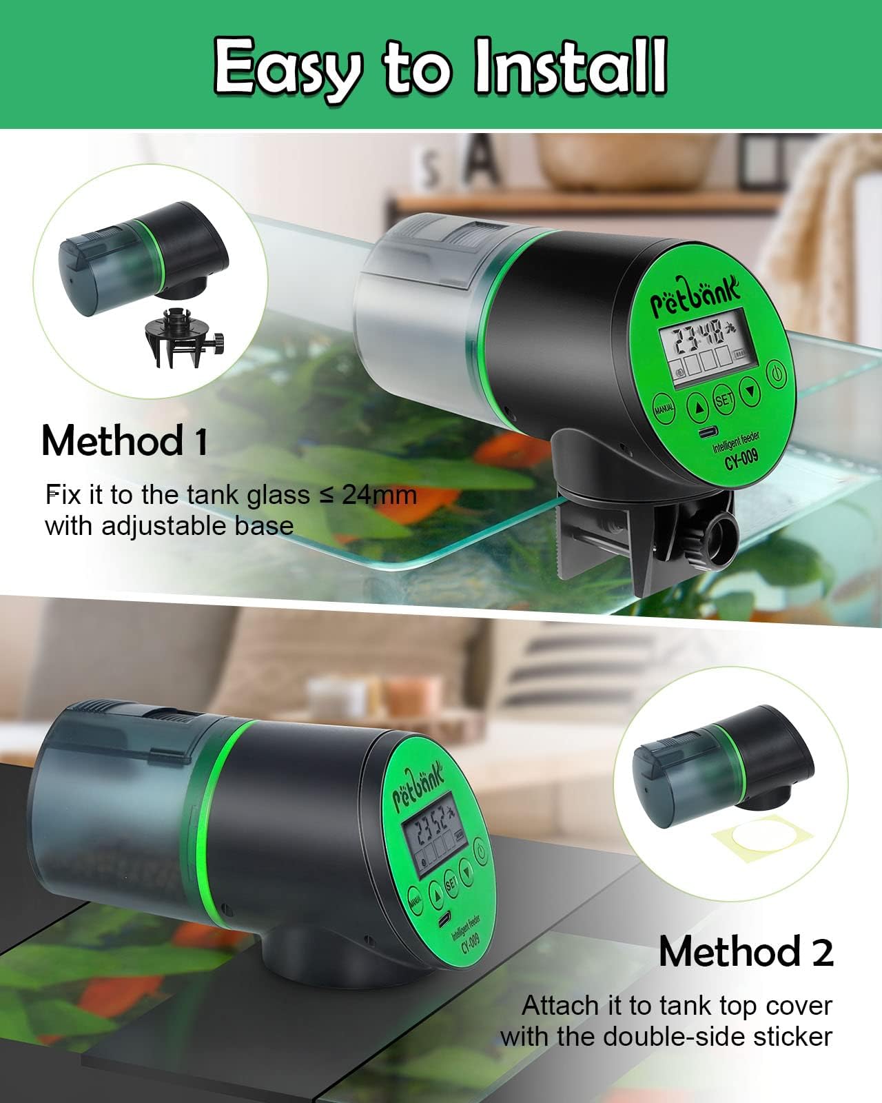 Petbank Mangiatoia Automatica Acquario - Timer Ricaricabile con Cavo di USB Charger, Mangiatoia Pesci con Display LCD, Dispenser Cibo Pesci Automatico,Verde