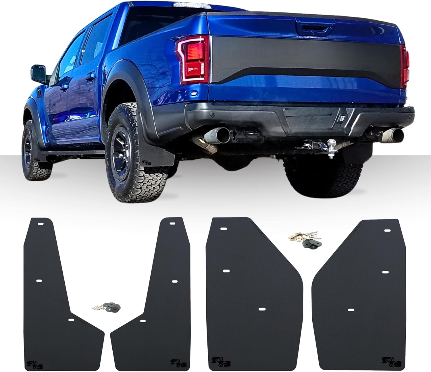 RokBlokz Mud Flaps for 2017-2020 Ford Raptor - Set of 4 - Multiple Colors Available - Mud Guards are Custom Cut and Fit - Includes All Mounting Hardware (Black with Black Logo)