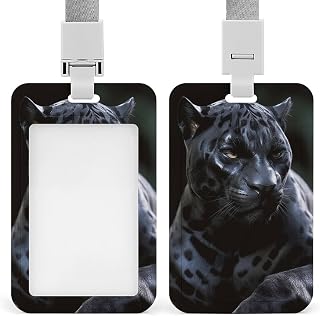 Sliding Cool Panther Id Badge Holder with Breakaway Lanyard | Vertical Name Tag, Clear Front Window, Push Slide, Card Protector, Gift for Nurse Doctor Teacher Work Office Staff Supplies