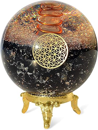 Bola de esfera de orgón, piedra curativa, cristal curativo, amatista, chakra, obsidiana, soporte de cuarzo con símbolo de flor de la vida,
