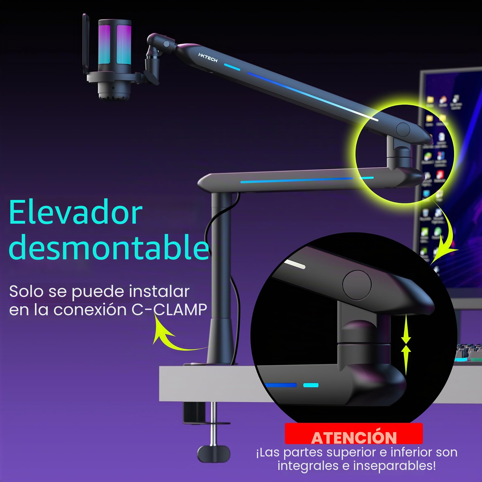 IXTECH Brazo de brazo RGB de perfil bajo para micrófono, soporte de brazo de micrófono ajustable con abrazadera de montaje en escritorio, soporte giratorio para micrófono con gestión de cables para