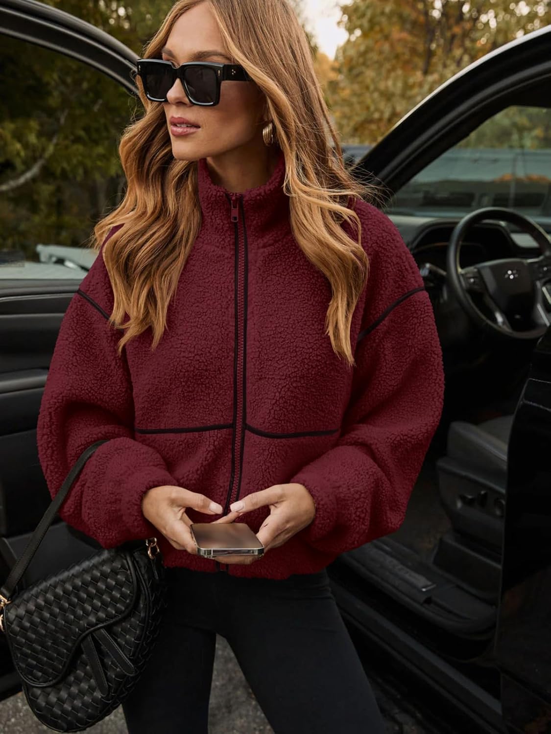 LASLULU Womens Mockneck Fleece Sweatshirt Zipper Sweater Long Sleeve Workout Crop Coat Casual Winter Jacket Fall Outfits Warm Outwear Pockets(Burgundy Small) - Image 5