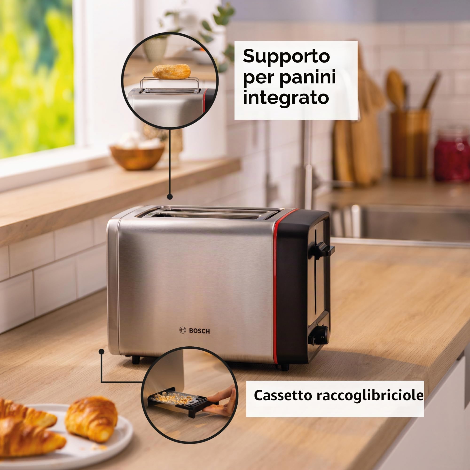 Bosch MyMoment TAT6M420 - Tostapane pieghevole rimovibile, con funzione di scongelamento, spegnimento automatico, funzione sollevamento, centraggio del pane, ideale per 2 fette, 800 Watt, in acciaio