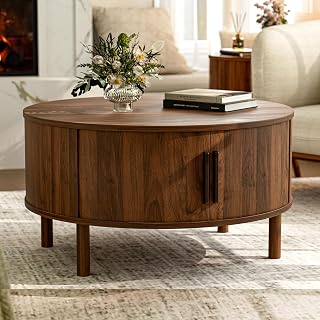 ZttRiee Modern Round Walnut Coffee Table with Sliding Doors Storage, 29.9" Mid-Century Living Room Center Table for Small Spaces