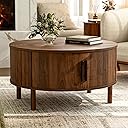 Coffee Table for Living Room, Modern Round Coffee Table with Cabinets & Sliding Doors, Home Small Space, 29.9" Fluted Center Table, Walnut