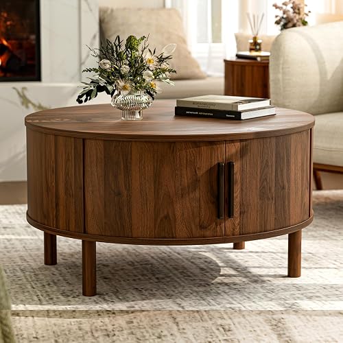 ZttRiee Round Coffee Table with Sliding Doors, Mid-Century, Walnut | Ø30.0"D x 16.3"H, 200 lbs capacity, dual sliding-door storage, ~45 min assembly - Walnut_lsj031-wa