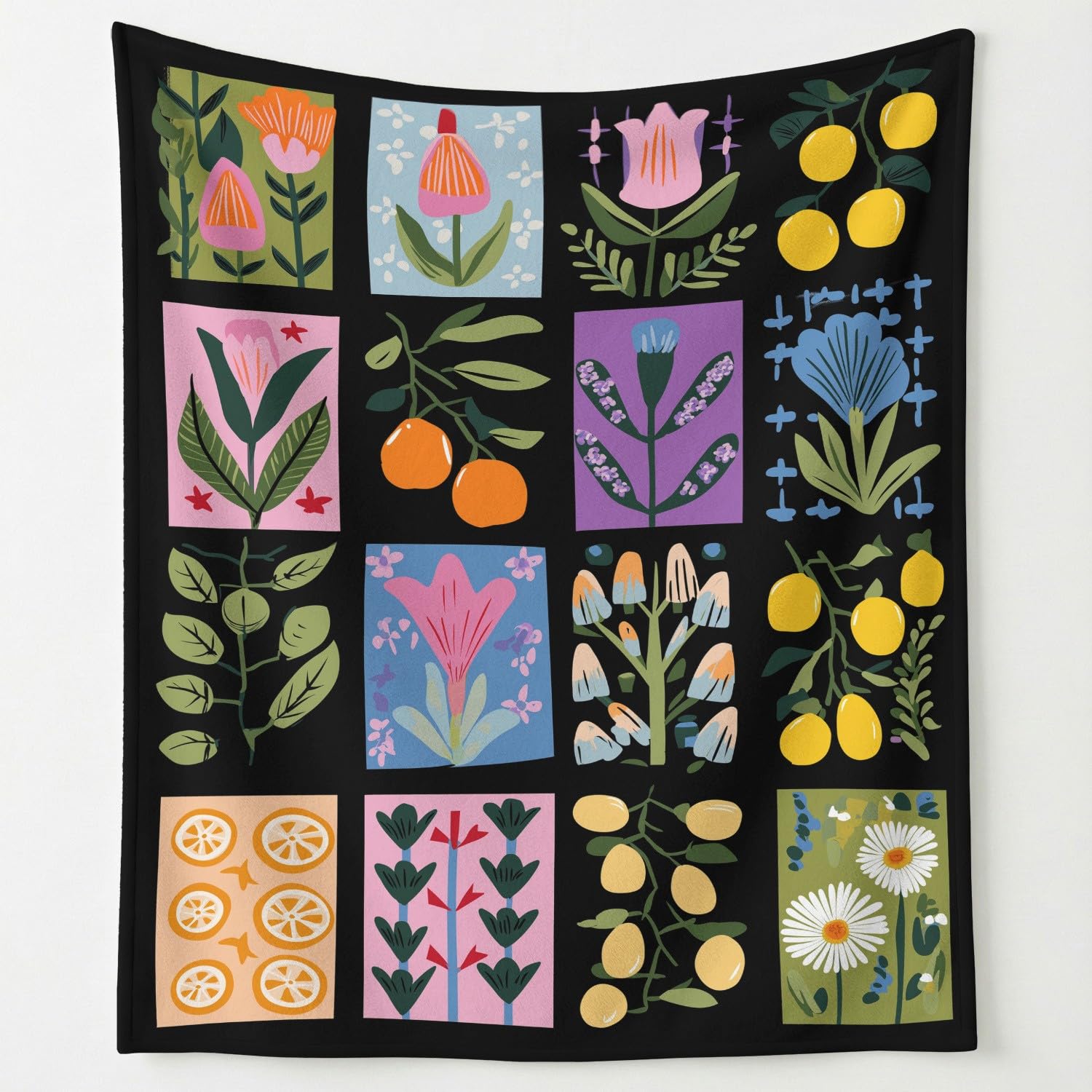 Kuscheldecke Flauschig 150 cm x 200 cm - Wohn Kuscheldecken Modern Folk Fleecedecke Weich und Warme, Botanisches Kollage Karomuster Schwarz Blumen Farbe Wohndecke Flanell Fluffy Blanket
