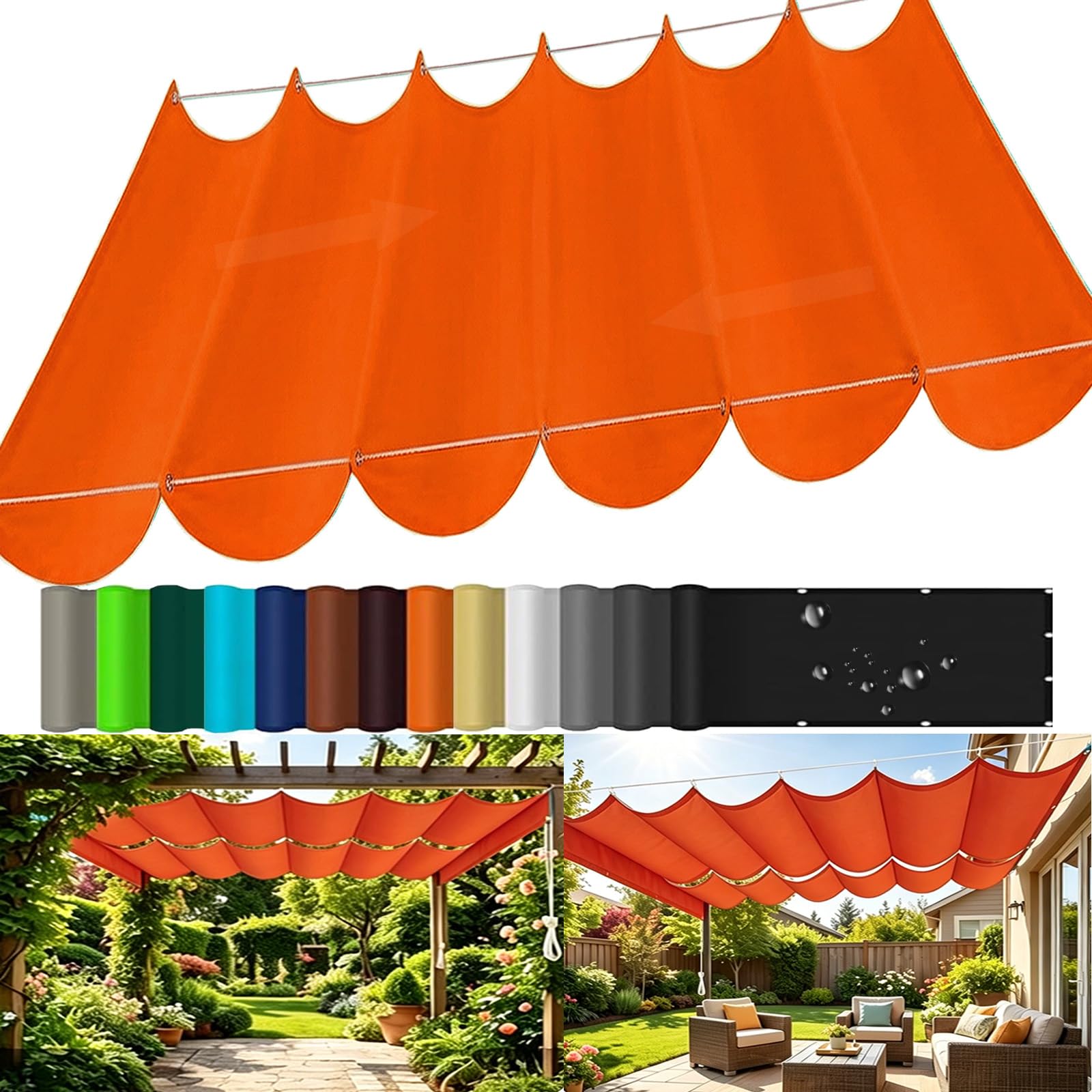 Retractable Wave Sun Shade Sail, Sun Protection Waterproof Wave Awning Canopy with Eyelets and Rope, Outdoor Pergola Adjustable Shade Cover for Yard Deck Lawn Garden Patio-Orange-red||90x600cm