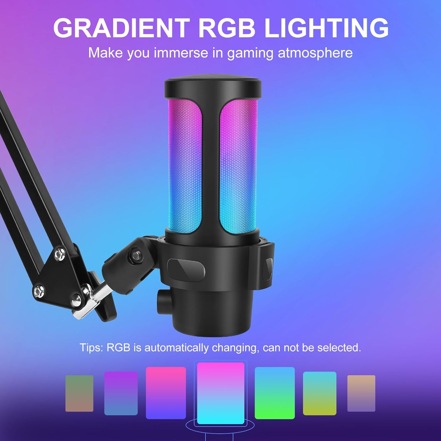 Microphone displaying vibrant RGB gradient lighting with a note that RGB is automatically changing and cannot be selected.