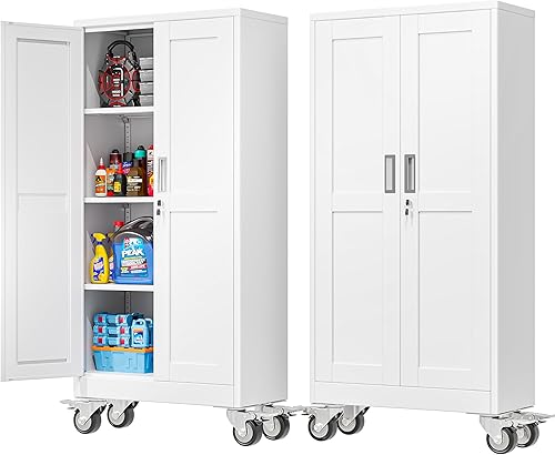 Miniatura 14 de Armario de almacenamiento de garaje de metal de 71 pulgadas de alto con ruedas, archivadores de acero con 2 puertas y 4 estantes ajustables para