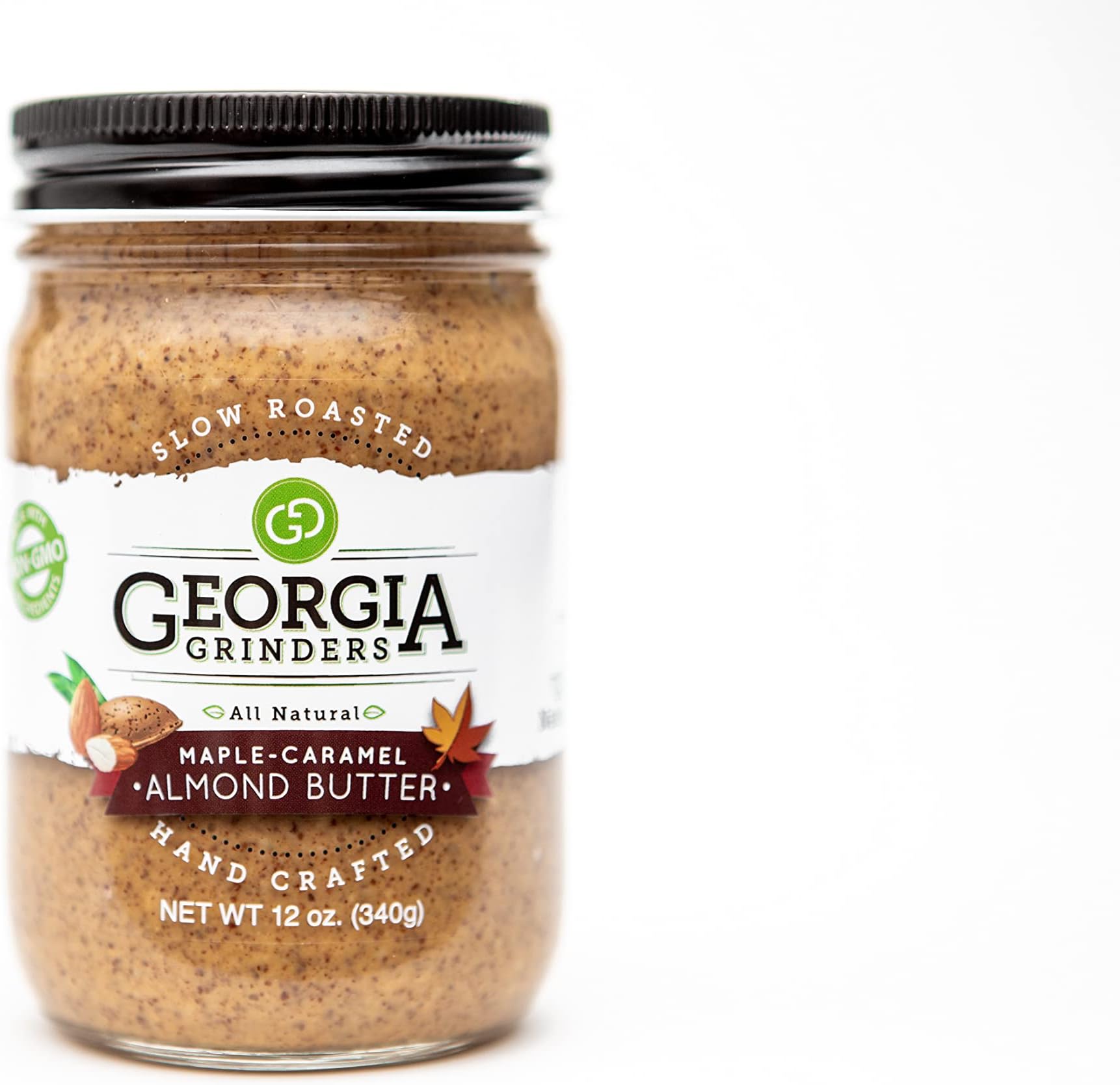 Georgia Grinders Maple Caramel Almond Butter 12oz (2 ct); Our signature Almond Butter with an infusion of ever so sweet Maple Syrup; Non-GMO, Kosher, Gluten Free, No Palm Oil