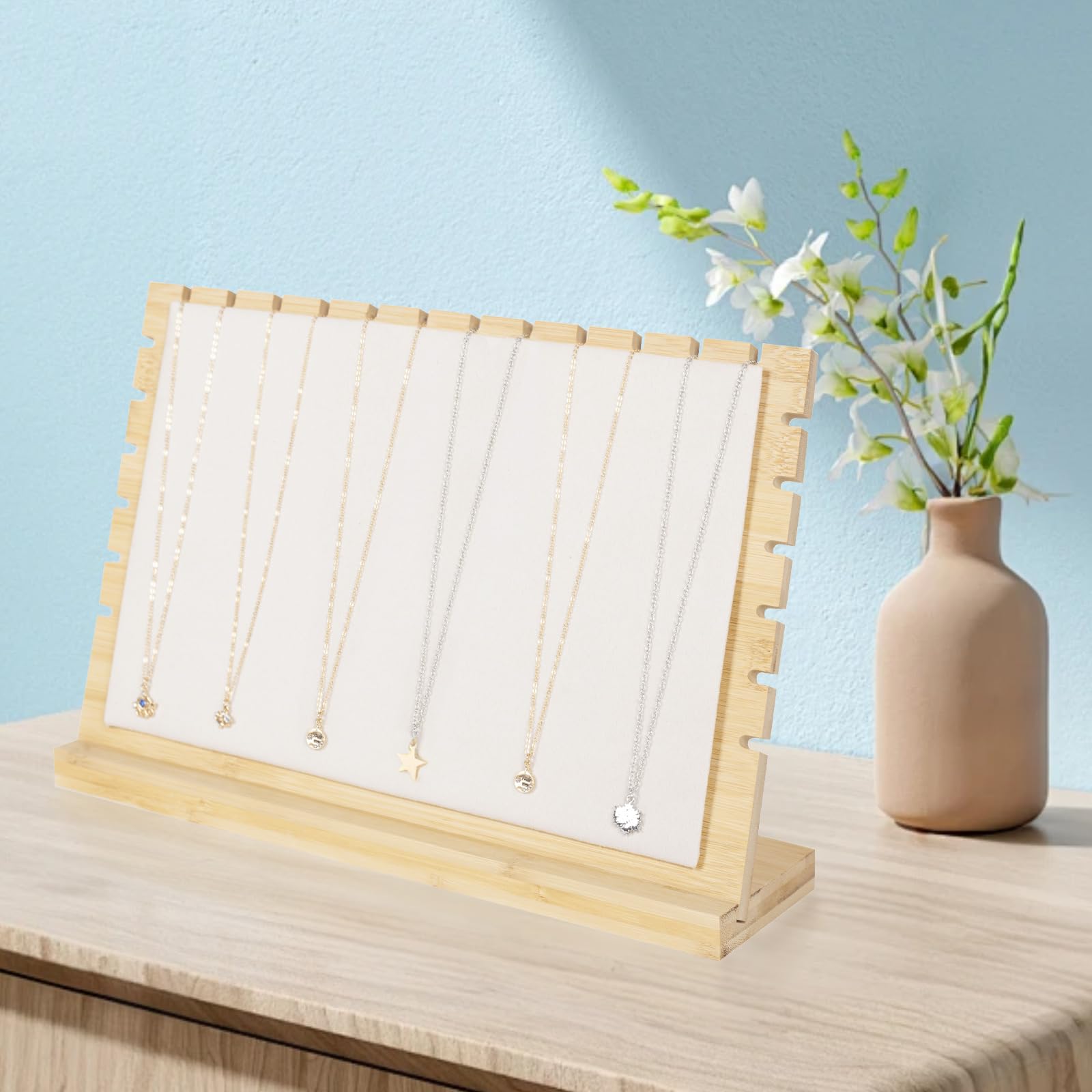 Barelove Necklace Display Stand Jewelry Display for Selling, Bamboo Plank Necklace Jewelry Stand Holder with Leather Soft Mat for Home Shop Store (White)