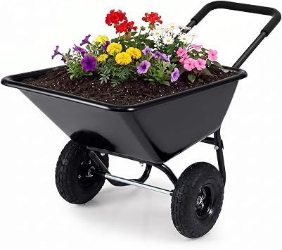 Goplus 2 Wheel Wheelbarrow, 330 LBS Utility Garden Cart with 10 Pneumatic Tires & Handle, 21 Gal Volume, Yard Dump Cart Wheel Barrow, Heavy Duty Wheel Barrow for Lawn Black Handle+Black Cart