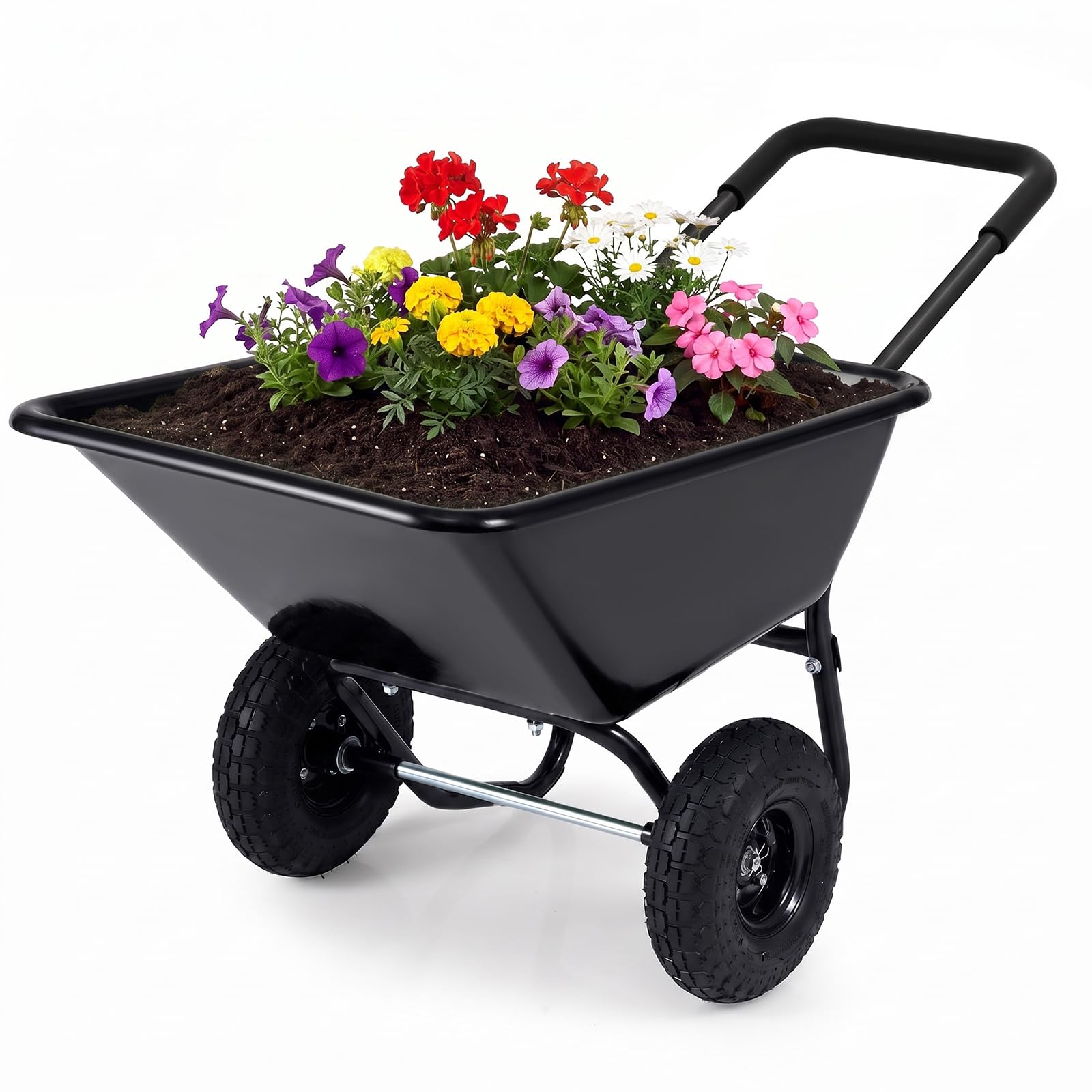 Goplus 2 Wheel Wheelbarrow, 330 LBS Utility Garden Cart with 10” Pneumatic Tires &amp; Handle, 21 Gal Volume, Yard Dump Cart Wheel Barrow, Heavy Duty Wheel Barrow for Lawn (Black Handle+Black Cart)