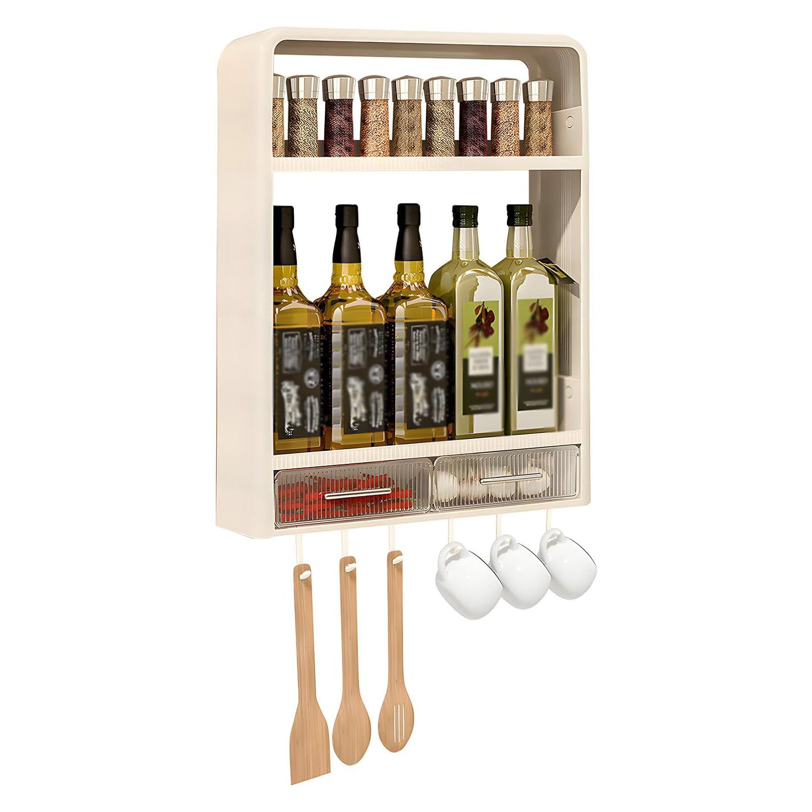 Organizador de especias, montaje en pared, 2 estantes, almacenamiento de plástico para cocina y baño, incluye cajones y ganchos para una organización eficiente