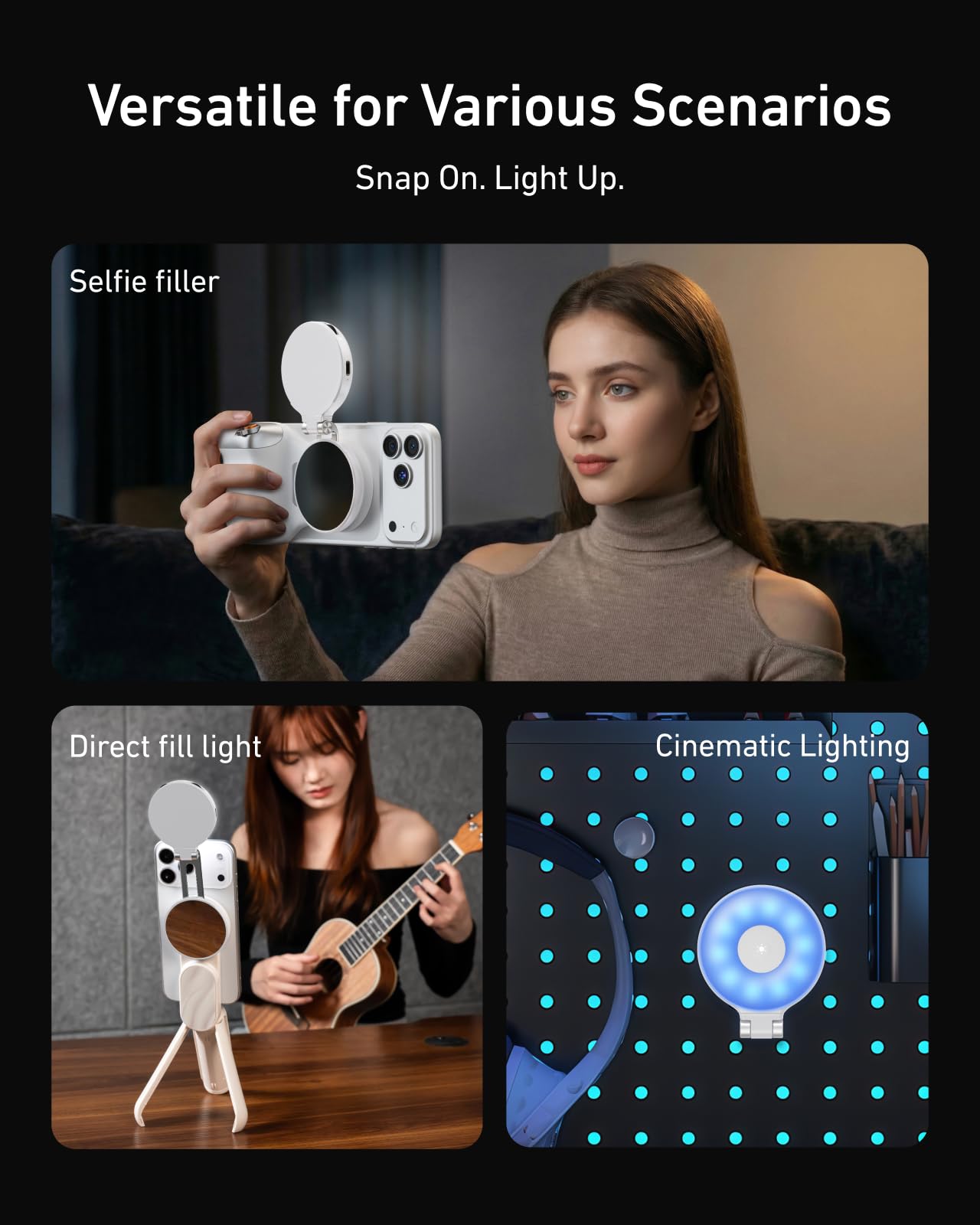 TELESIN Verbessertes 4-in-1 Magnetisches RGB-Selfie-Ringlicht mit Spiegel und Handyhalterung, wiederaufladbares tragbares Clip-On-Fülllicht für iPhone, Samsung, TikTok, Vlogging, Make-up, Fotografie,