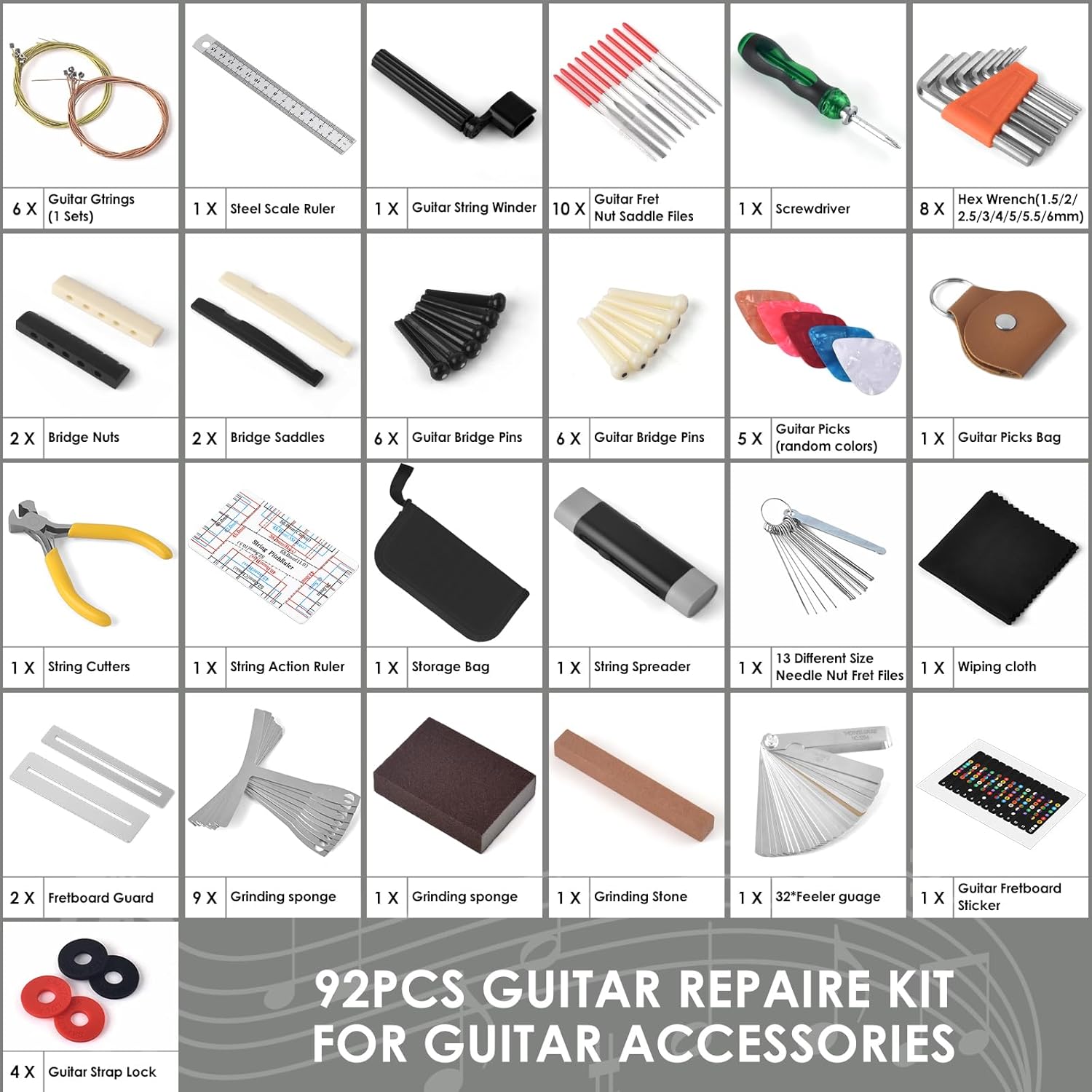 92Pcs Guitar Tool Kit, Guitar Repaire Maintenance Tool Kit with Carry Bag for Acoustic Electric Guitar Ukulele Bass Banjo, Guitar Accessories Gift for Music or String Instrument Enthusiast