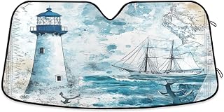 Nautical Design with Lighthouse and Boat Car Windshield Sun Shade Reflective Sunshade for Ultimate Protection Fits Small Sedans, Mini SUVs, Hatchbacks