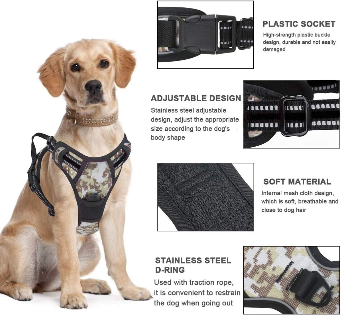 Vovodog Dog Harness No-Pull Pet Harness, Adjustable Outdoor Walking Pet Reflective Oxford Soft Vest with 2 Metal Rings and Handle Easy Control for Small Medium Large Dogs