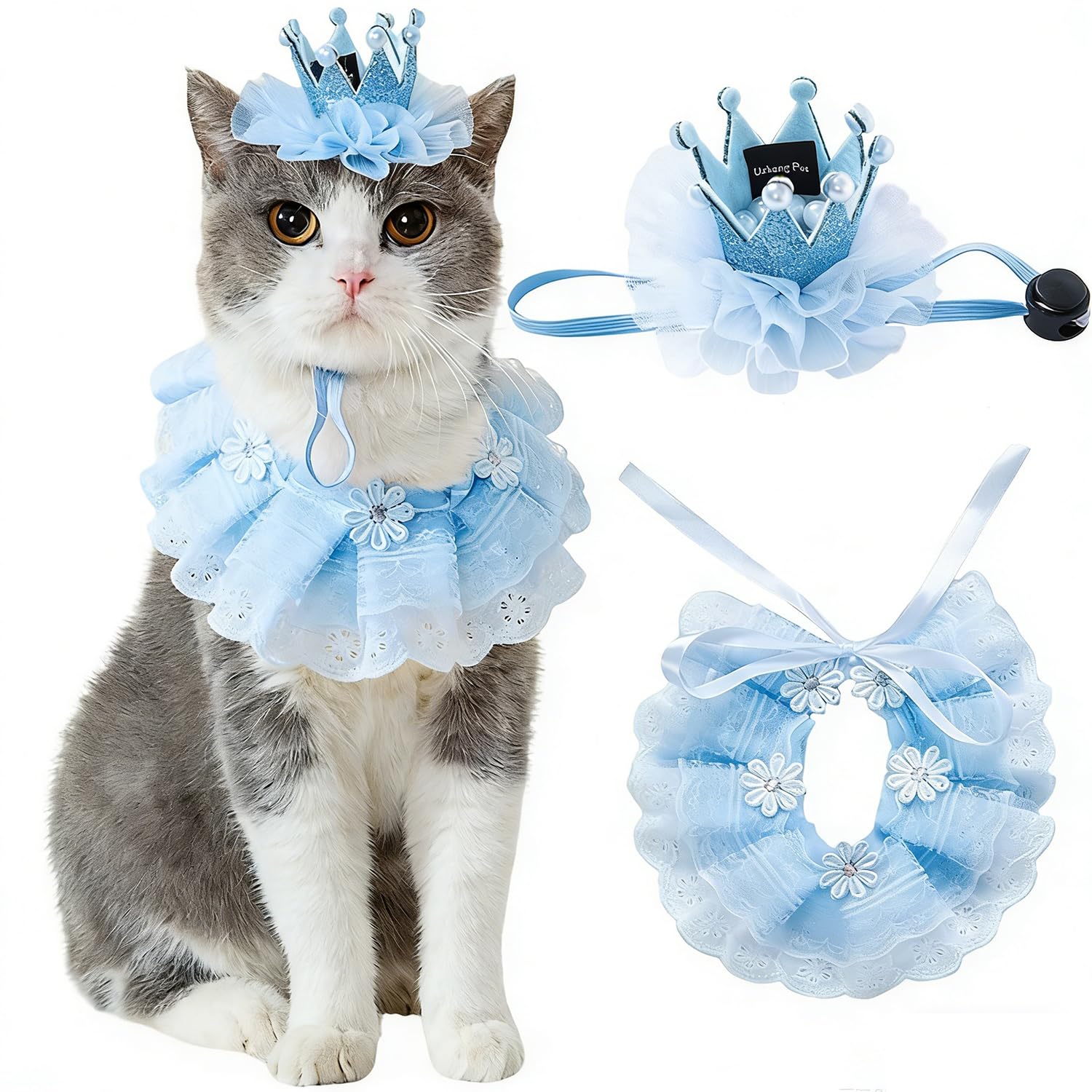 Ushang Pet Cat Princess Costumes Cat Crown Hat & Lace Bandana - apparel pet | Mubboo