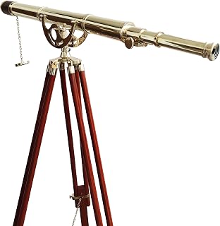 Shiny Brass Vintage Single Barrel Telescope Marine Brown Leather Sky Watcher Adjustable Wooden Stand Nautical Floor Standing Telescope
