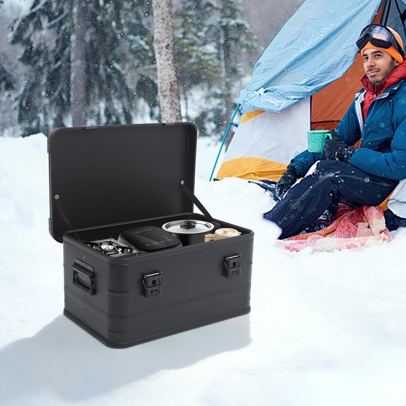 Aufbewahrungsbox mit Deckel 50L, Camping Transportbox Aluminium Wasserdicht, Stapelbar Metallbox Verschlussclips, stoßfest mit Dichtung, Outdoor Kiste für Camping, Angeln, Auto, Werkstatt