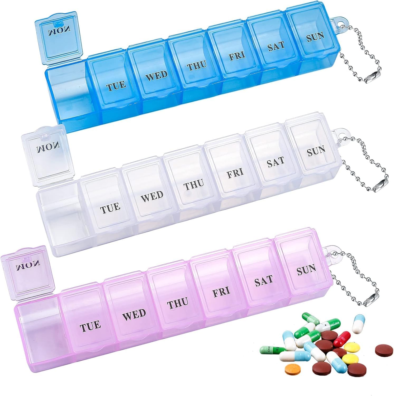3pcs Portapillole da Viaggio, Porta Pillole Settimanale Tascabile con 8 Scompart