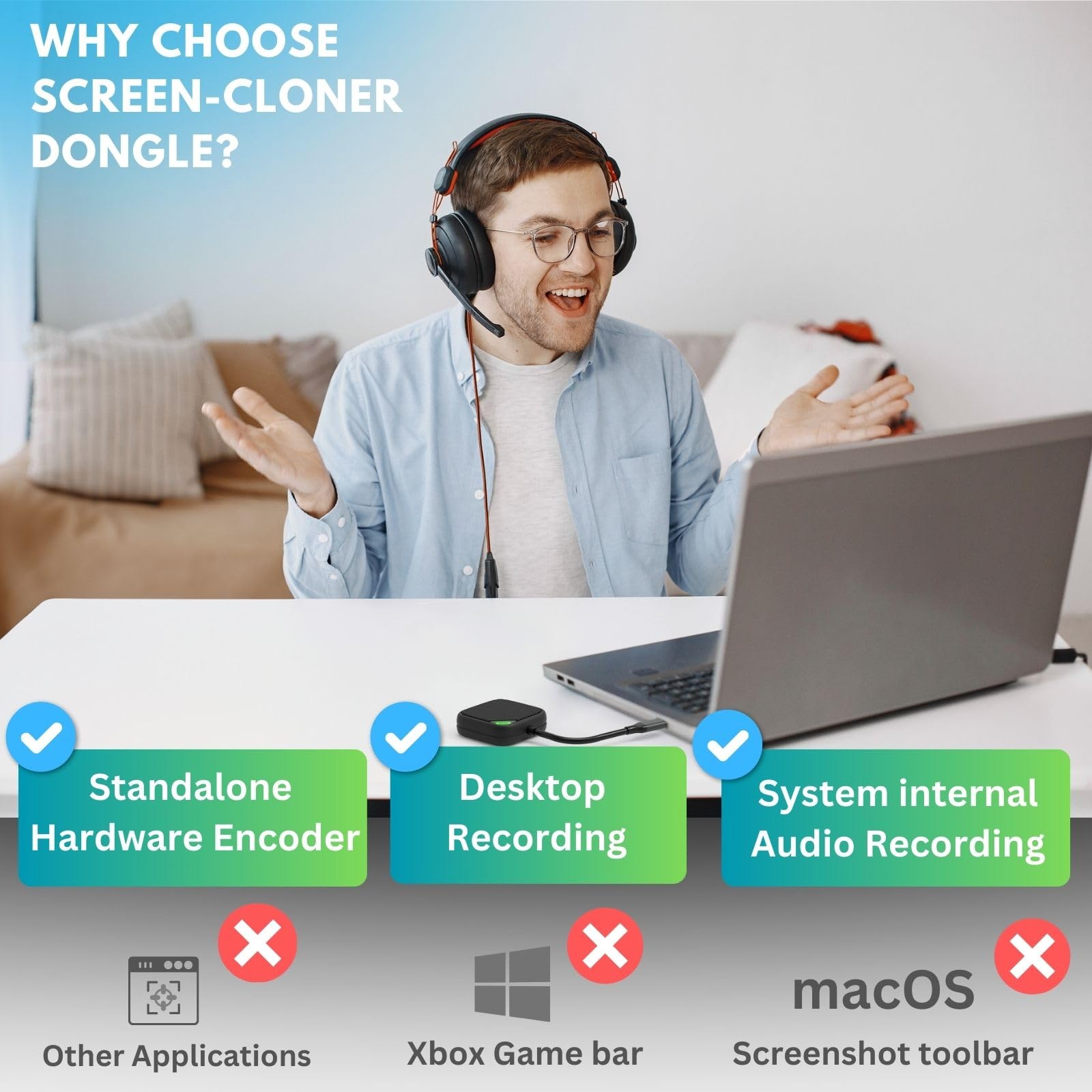 ClonerAlliance Screen-Cloner Dongle, grabación de pantalla de 1080p a 60 fps con codificación basada en hardware, captura todo el contenido de escritorio y audio. Compatible con Windows y Mac.