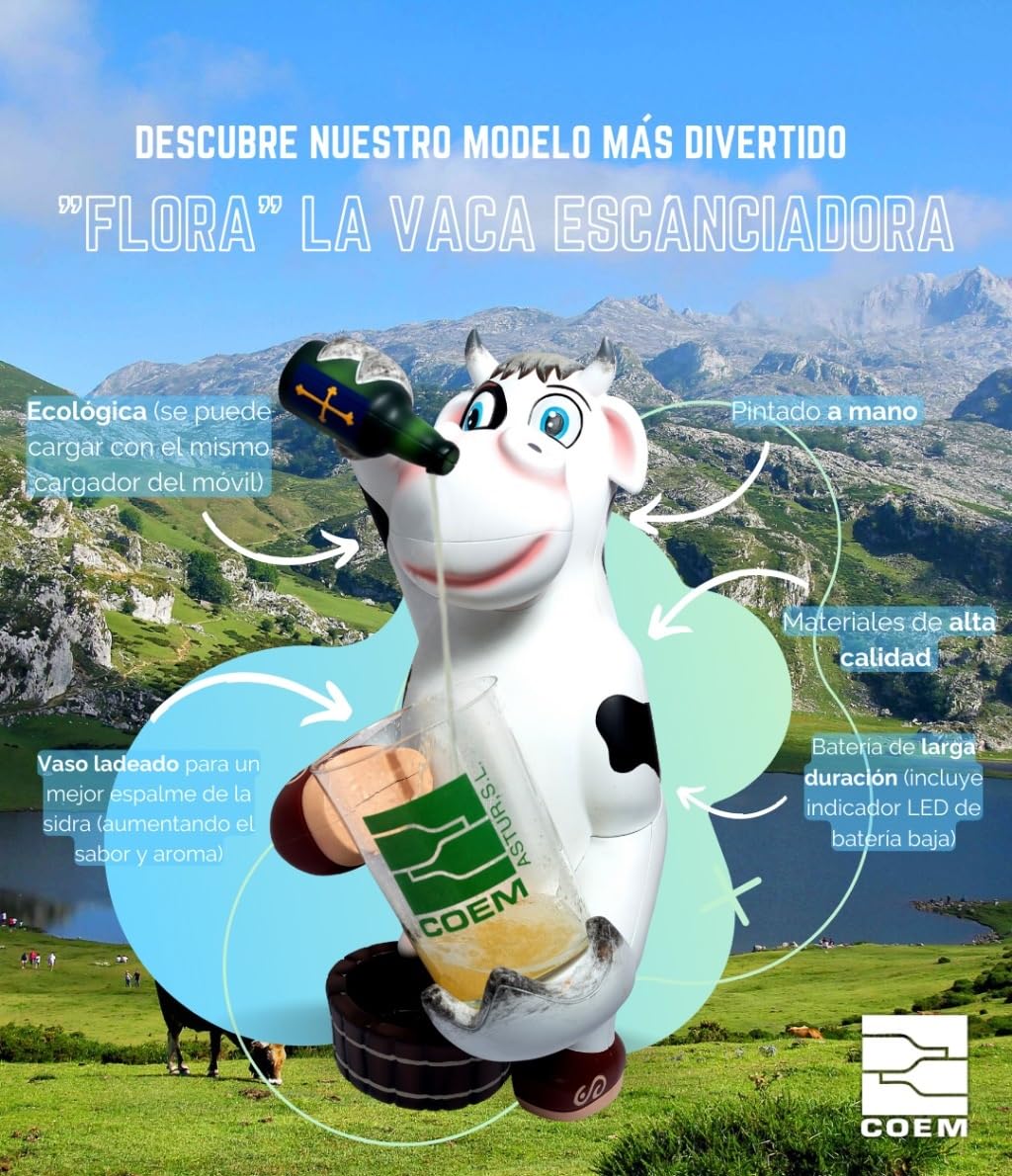 Escanciador de Sidra Electrico - Regalos Originales para Hombre - Echador de Sidra con bateria para Disfrutar un Culín de Sidra Fresco y Burbujeante - Dosificador Sidra (Vaca Flora)