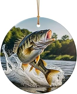 Bass Fishing Wave(1) Print Ceramic Round Pendant White Porcelain, Festive Prints, Perfect for Christmas Decorations