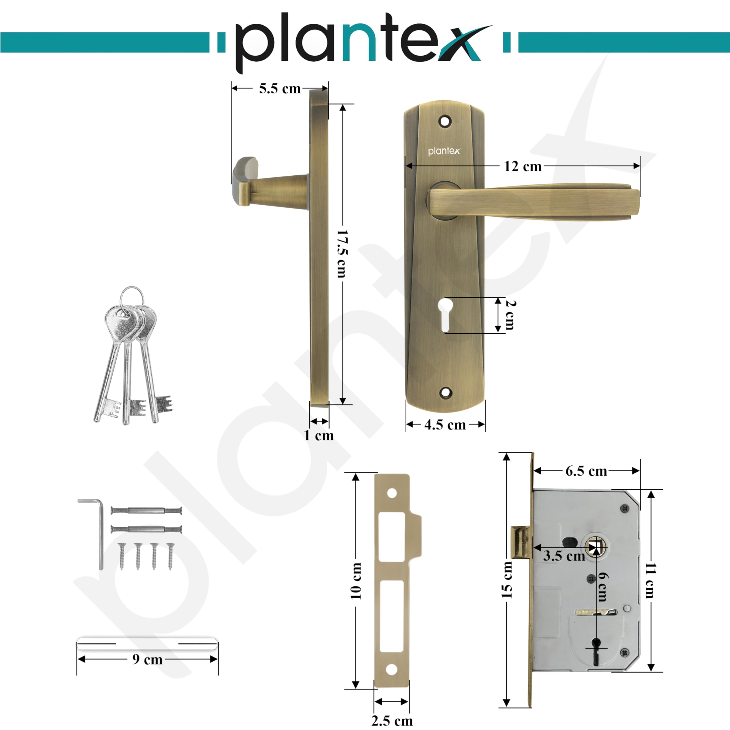Plantex Heavy-Duty Door Lock Set - Main Door Lock Handle Set/Mortise Lock with 3 Keys, Pack of 1 (8130-Brass Antique) — Amazon image 3