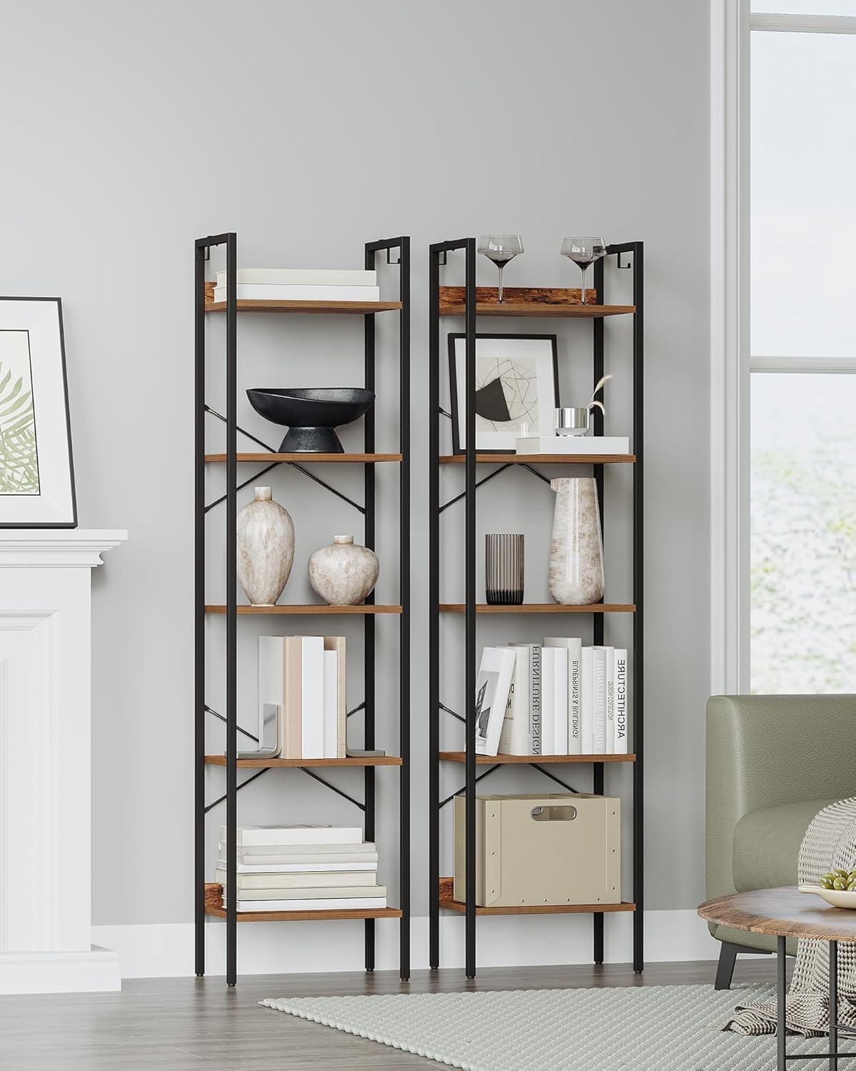 Bookshelf, Book Shelf, Industrial Bookcase with 2 Hooks, Coner Shelf Storage Organizer for Home Office, Living Room, Bedroom, Kitchen, 5-Tier Rustic Brown BC10501B - Image 3