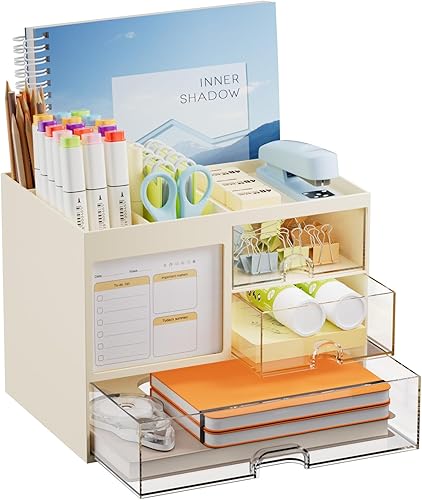 Miniatura 8 de Organizador Marbrasse para escritorio con 3 cajones, portaplumas y lápices multifuncional para escritorio, almacenamiento de organizador de