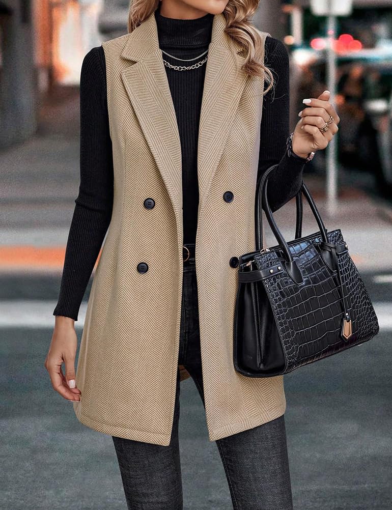 Tweed Gilet Donna Autunno Inverno senza maniche Lungo Lana A Spina di Pesce Blazer Giacche Vestito Capispalla Alla Moda