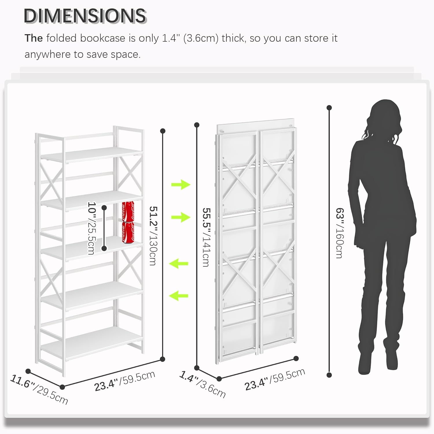 4NM 5 Tiers No Assembly Book Shelves, 51.2" H Folding Bookshelf Bookcase Open Industrial Foldable Shelves for Bedroom, Living Room, Home Office - All White