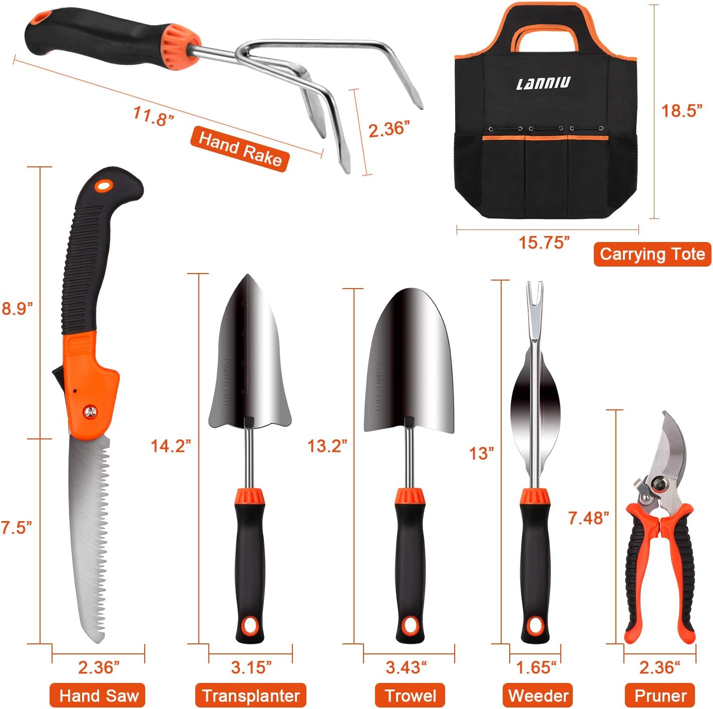 LANNIU Gardening Tool Set, Garden Tools Set Gift for Women and Men, Stainless Steel Heavy Duty Outdoor Hand Tools Kit with Soft Rubberized Non-Slip Ergonomic Handle Storage Tote Bag : Garden & Outdoor