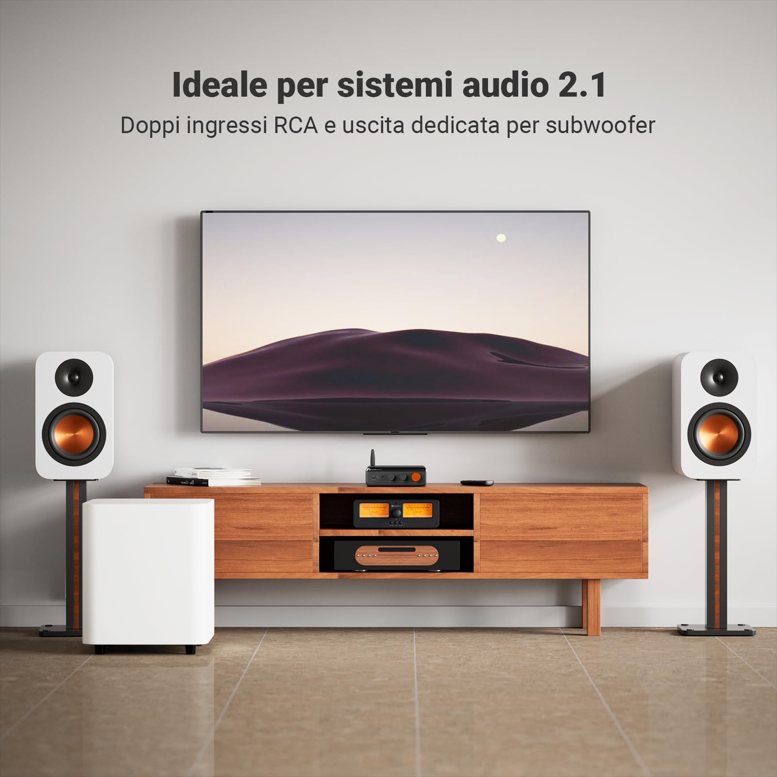 Fosi Audio BT20A MAX Amplificatore Audio Hifi, Amplificatori Stereo da 300Wx2 con tecnologia PFFB, LDAC Bluetooth 6.0, Doppia Alimentazione Indipendente, Telecomando, per Sistemi 2.1 e Audio Domestici