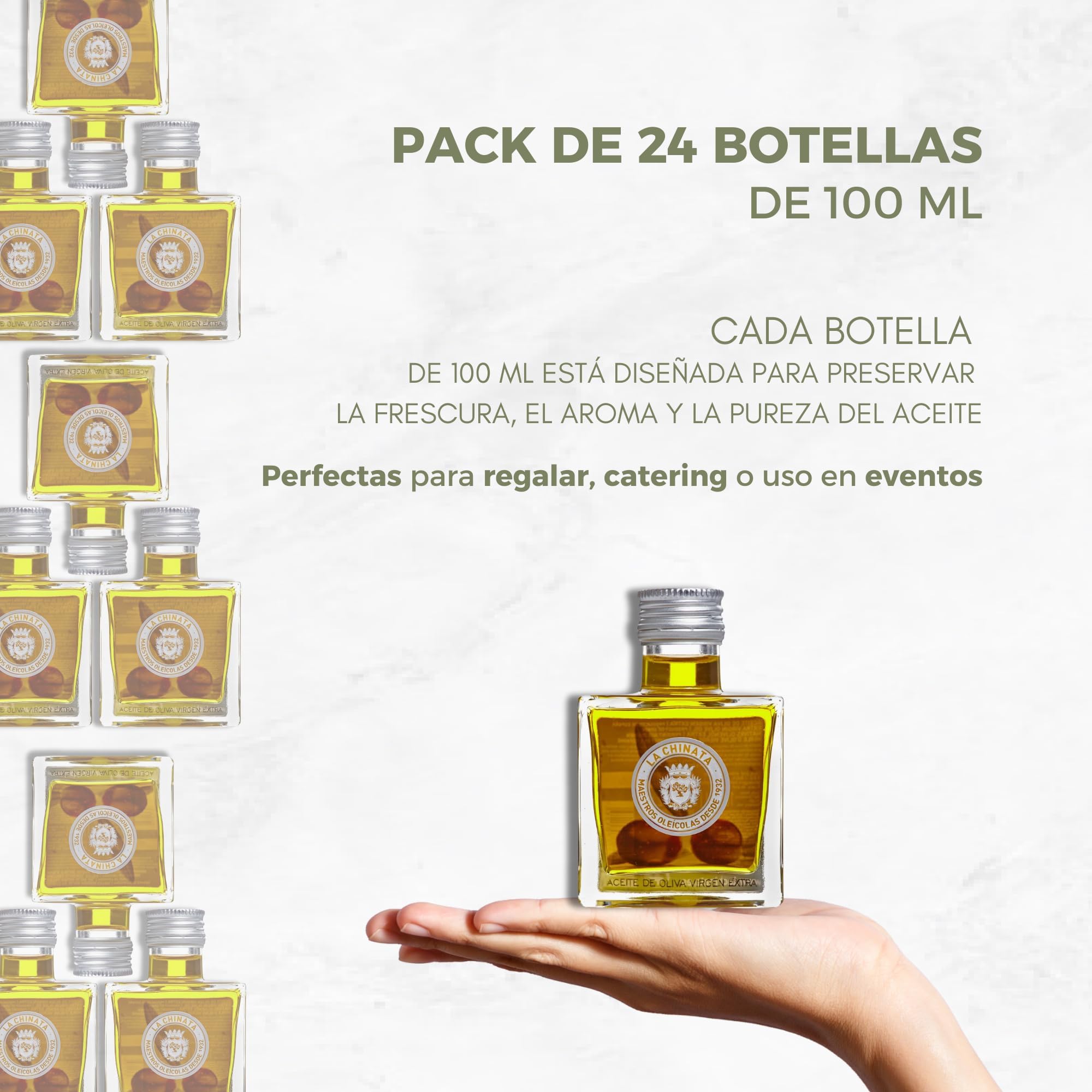La Chinata Aceite de Oliva Virgen Extra Botellas Cuadradas Pack 24x100 ml – AOVE Premium Formato Mini para Bodas, Eventos y Regalos Gourmet – Ideal Catering y Detalle Invitados