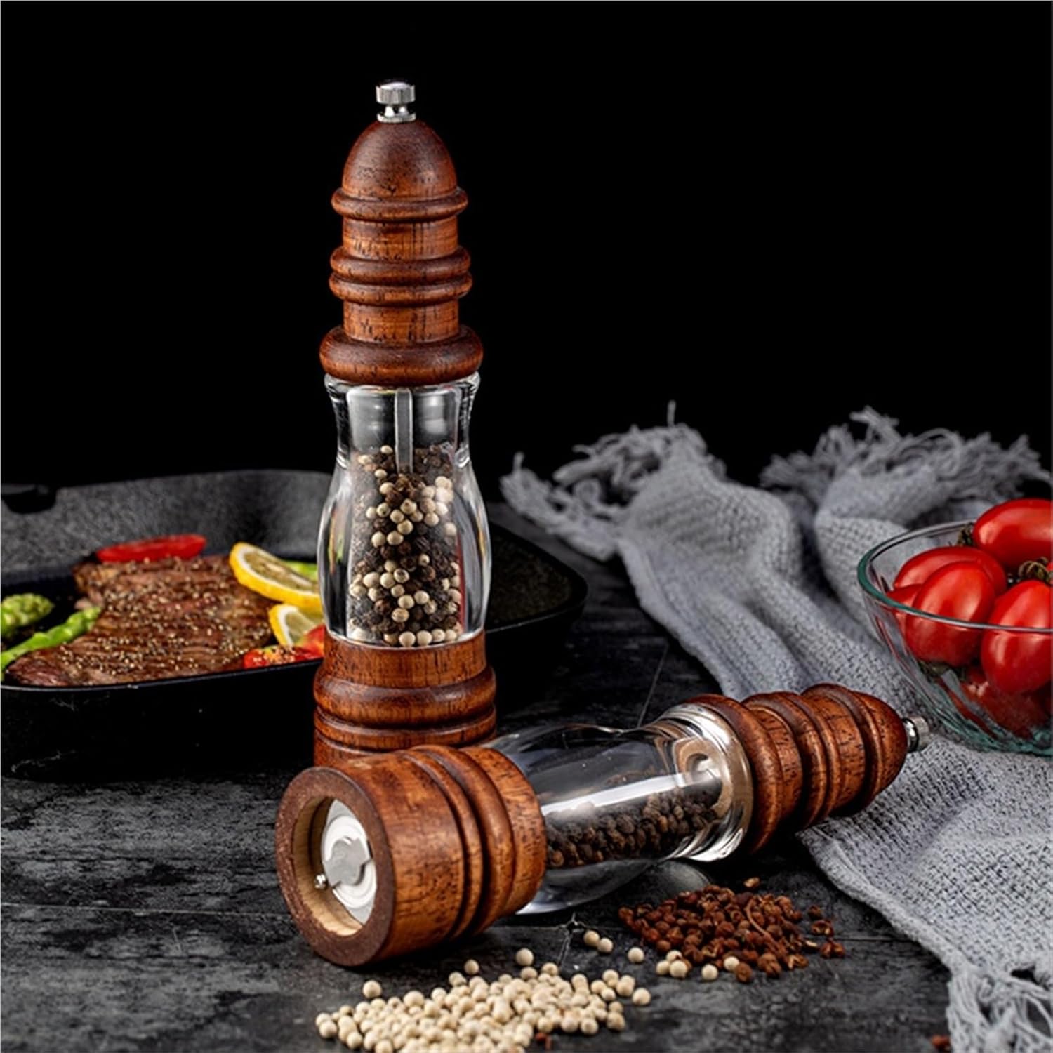 Solid Wood and Acrylic Manual Salt and Pepper Grinder, Adjustable Spice Mill with Shaker