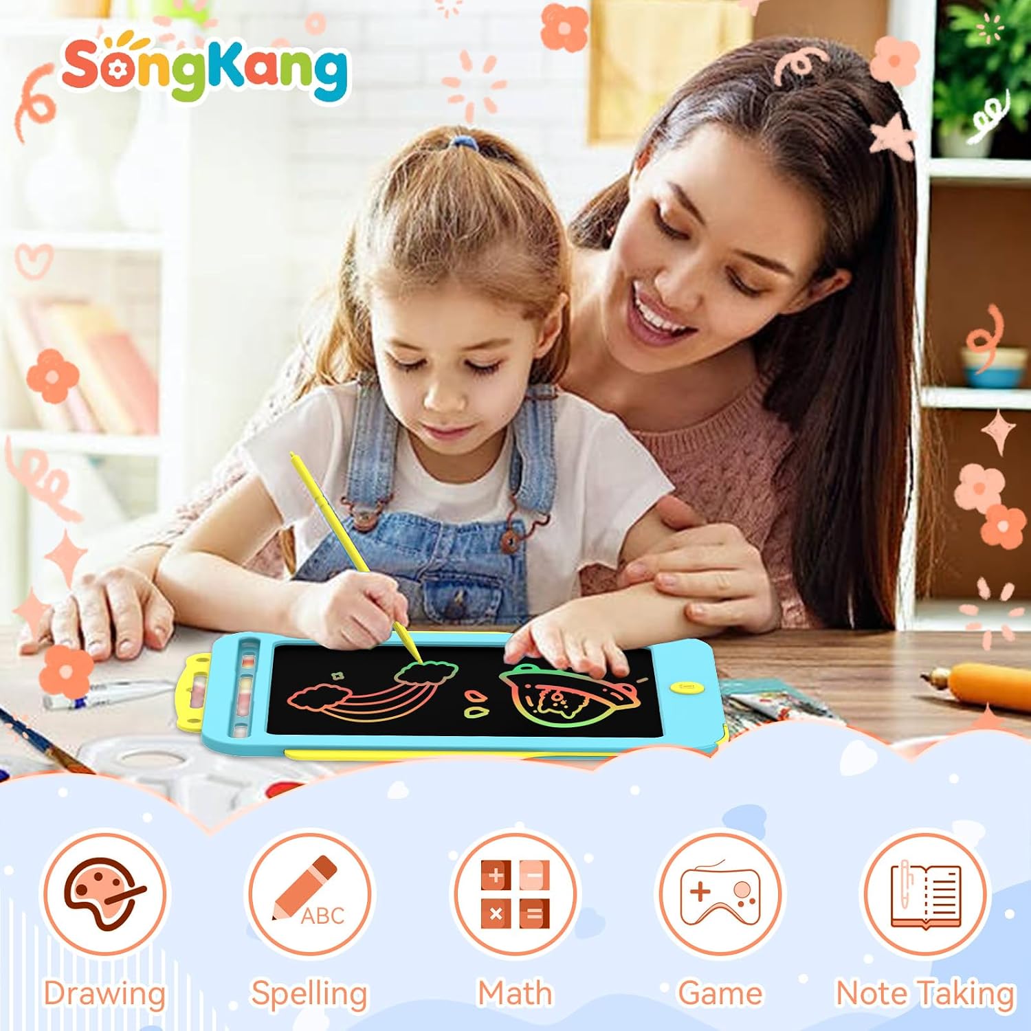 Songkang LCD Writing Tablet for Kids 8.5 Inch, Color Drawing Pad with Back Display Stand, Reusable Learning Toy, Birthday Gift, Holiday Gift for 3 4 5 6 7 8 9 10 Year Old Boys Girls (Blue) image 2