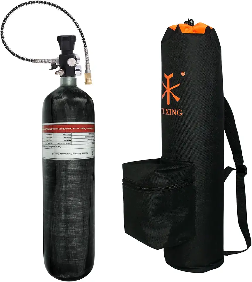 Cilindro de ar comprimido TUXING de 3 litros em fibra de carbono, 4500 psi, com bolsa de transporte e manômetro/regulador de válvula para carabinas de ar comprimido PCP.