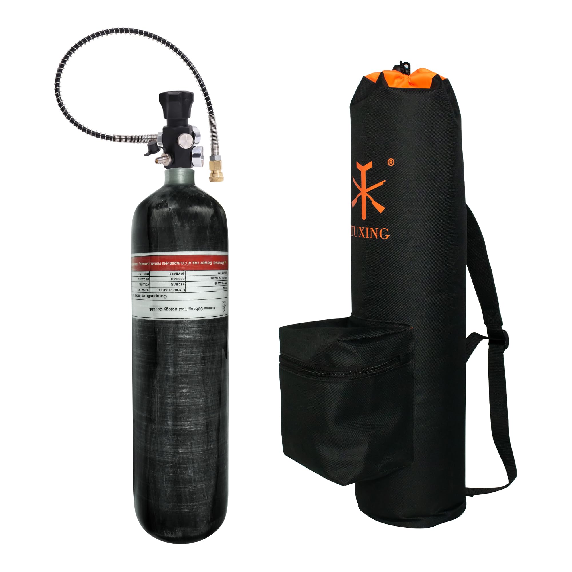 TUXING Depósito de Aire de Fibra de Carbono 3L 4500psi (Botella vacía) con Dos manómetros y Manguera de Alta presión de 24 Pulgadas, Bolsa