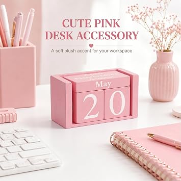 MICKYU Pink Wooden Perpetual Block Calendar | Aesthetic Desk Accessories for Women, Office Decor for Workspace, 3.7 x 2.1 x 1.7 in